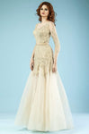 3/4 Sleeves Fitted Belted Sheer Illusion Mermaid Short Satin Natural Waistline Evening Dress