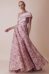 A-line Floral Print One Shoulder Tiered Pleated Asymmetric Embroidered Floor Length Natural Waistline Dress with a Cathedral Train