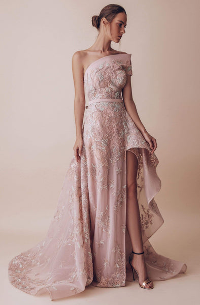 A-line Floral Print Applique Pleated Banding Fitted Asymmetric Slit Short Sleeves Sleeves Natural Waistline Floor Length Evening Dress with a Cathedral Train With Ruffles