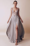 A-line V-neck Plunging Neck Sheer Slit Belted Fitted Embroidered Sleeveless Floral Print Elasticized Natural Waistline Floor Length Dress with a Brush/Sweep Train