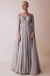 A-line Long Sleeves Natural Waistline Sheer Pleated Flowy Belted Illusion Open-Back Embroidered Floor Length Bateau Neck Dress with a Brush/Sweep Train