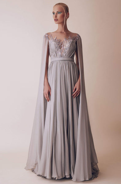 A-line Bateau Neck Natural Waistline Floor Length Long Sleeves Open-Back Illusion Flowy Belted Embroidered Pleated Sheer Dress with a Brush/Sweep Train