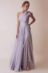 Sophisticated A-line One Shoulder Sleeveless Natural Waistline Slit Sheer Asymmetric Goddess Ruched Floor Length Prom Dress with a Brush/Sweep Train With a Bow(s)