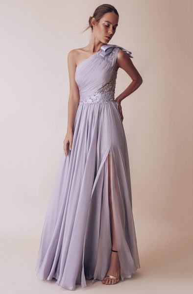 Sophisticated A-line Ruched Sheer Goddess Slit Asymmetric Natural Waistline One Shoulder Sleeveless Floor Length Prom Dress with a Brush/Sweep Train With a Bow(s)