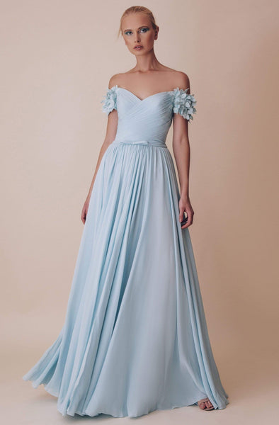 A-line Off the Shoulder Applique Belted Pleated Back Zipper Flowy V Back Natural Waistline Floor Length Dress with a Brush/Sweep Train With a Bow(s)