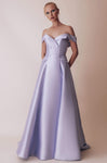 A-line Floor Length Off the Shoulder Natural Waistline Back Zipper Fitted Pocketed Dress with a Brush/Sweep Train