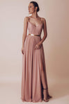 A-line Sleeveless Floor Length Plunging Neck Sweetheart Belted Ruched Wrap Back Zipper Open-Back Slit Natural Waistline Party Dress with a Brush/Sweep Train