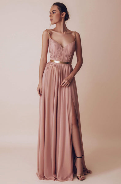A-line Floor Length Natural Waistline Plunging Neck Sweetheart Sleeveless Ruched Open-Back Belted Wrap Back Zipper Slit Party Dress with a Brush/Sweep Train