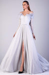 A-line Strapless Natural Waistline Floor Length Sweetheart Long Sleeves Off the Shoulder Back Zipper Slit Ruched Beaded Fitted Full-Skirt Evening Dress With a Bow(s)