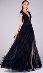 A-line V-neck Plunging Neck Sleeveless Natural Waistline V Back Pleated Slit Evening Dress with a Brush/Sweep Train