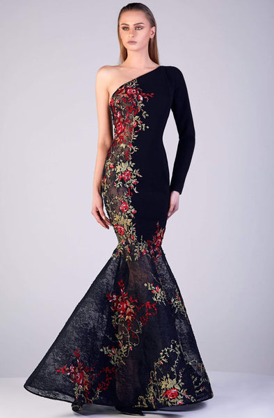 Sexy Floral Print Natural Waistline Fitted Embroidered Sheer Asymmetric Floor Length Long Sleeves One Shoulder Mermaid Evening Dress with a Brush/Sweep Train