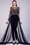 Back Zipper Wrap Illusion Beaded Fitted Sheer Bateau Neck Long Sleeves Natural Waistline Jumpsuit with a Brush/Sweep Train