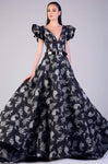 Sophisticated A-line V-neck Dropped Waistline Plunging Neck General Print Open-Back Draped Tiered Belted Flutter Sleeves Dress with a Brush/Sweep Train