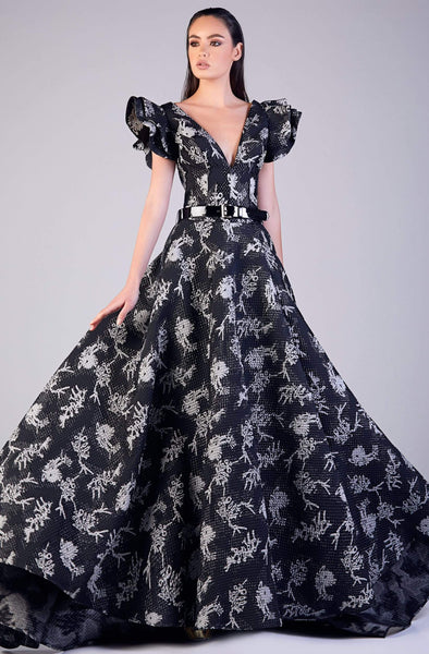 Sophisticated A-line V-neck Flutter Sleeves Tiered Belted Open-Back Draped General Print Dropped Waistline Plunging Neck Dress with a Brush/Sweep Train