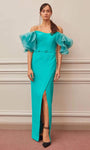 Off the Shoulder Sheath Floor Length Belted Hidden Back Zipper Slit Fitted Sweetheart Natural Waistline Sheath Dress With Ruffles