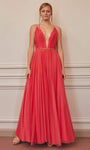 A-line V-neck Floor Length Plunging Neck Sleeveless Back Zipper Fitted Pleated V Back Natural Waistline Evening Dress