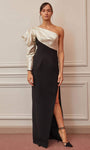 Long Short Sleeves Sleeves One Shoulder Floor Length Natural Waistline Sheath Open-Back Fitted Asymmetric Draped Slit Side Zipper Sheath Dress