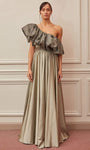 A-line Floor Length Pleated Fitted Asymmetric One Shoulder Natural Waistline Evening Dress With Ruffles