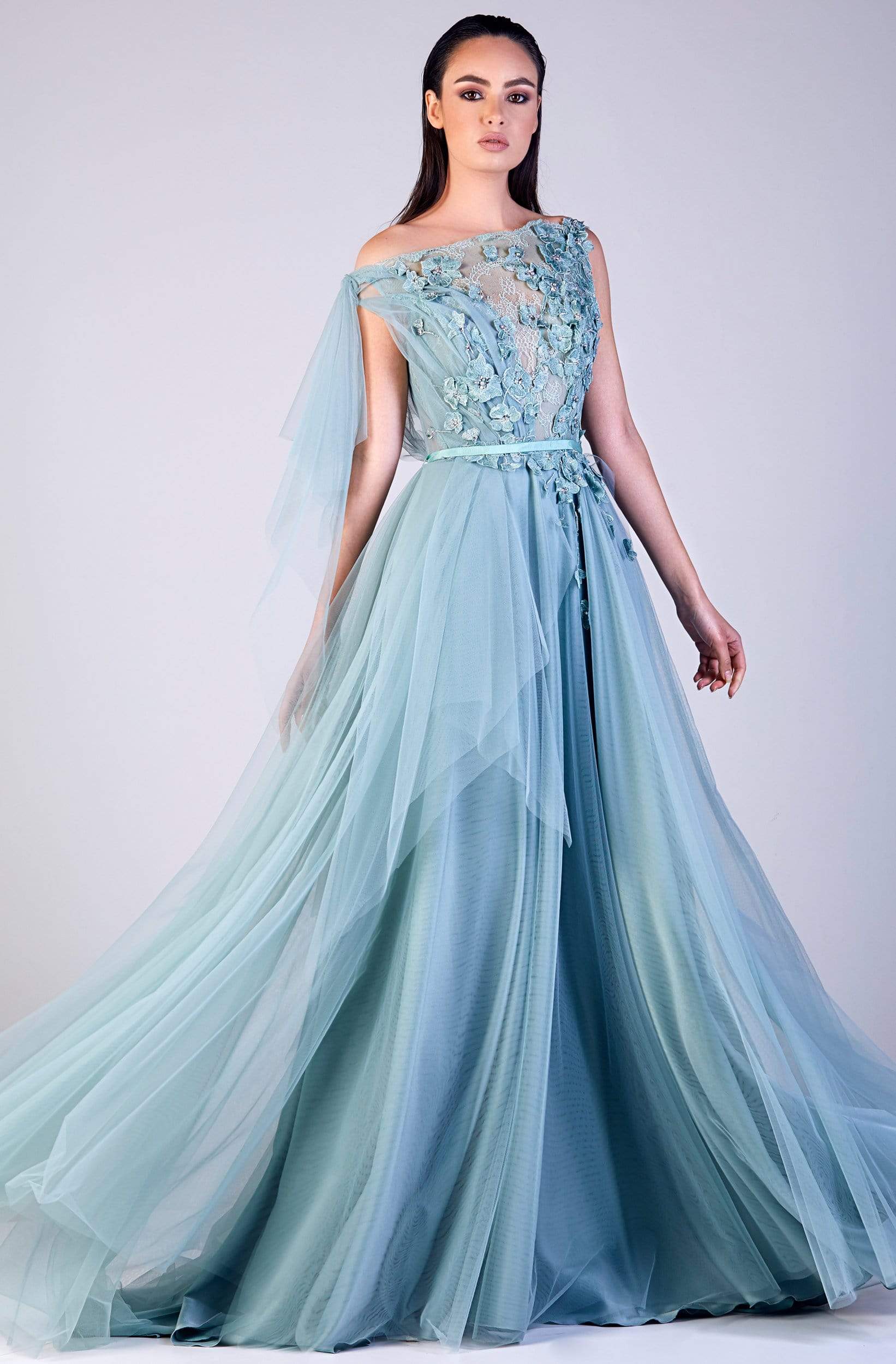 Gatti Nolli Couture - OP-5502 Floral Applique Asymmetric A-line Dress
