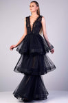 A-line V-neck Plunging Neck Tulle Floor Length Sleeveless Gathered Applique Tiered Back Zipper Sheer Natural Waistline Ruffle Trim Dress