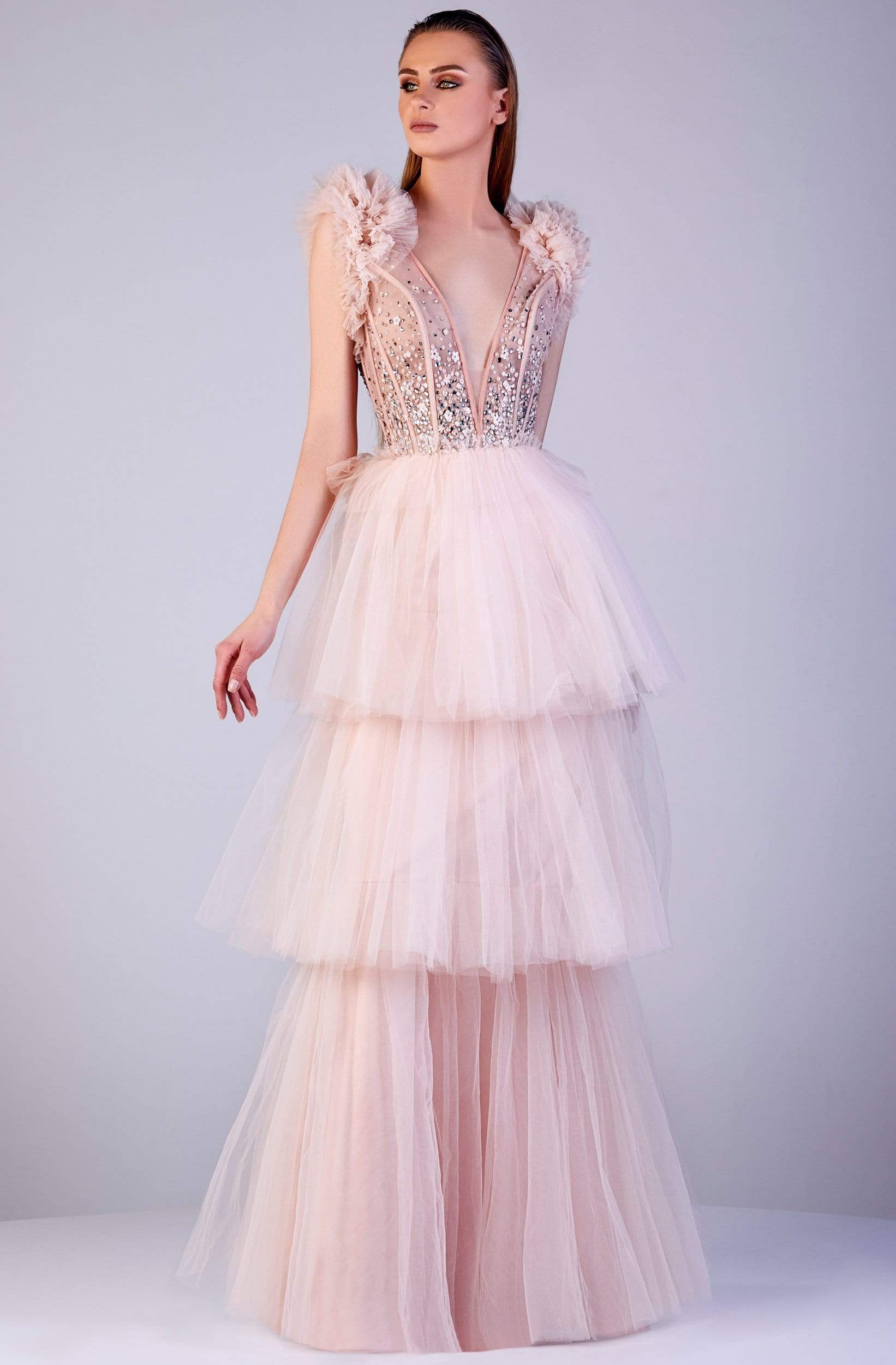 Gatti Nolli Couture - OP-5508 Plunging Pearl-Adorned Tulle Tiered Gown
