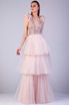 A-line V-neck Cap Sleeves Plunging Neck Tulle Floor Length Fall Illusion Shirred Tiered Beaded Back Zipper Corset Natural Waistline Dress With Pearls