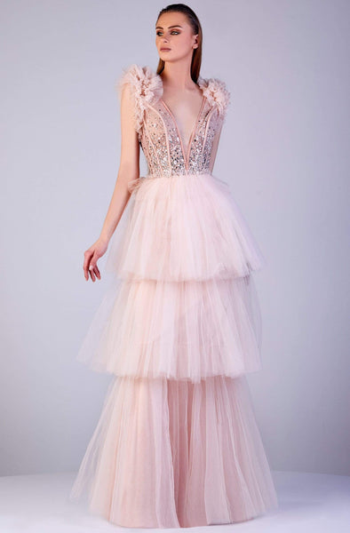 A-line V-neck Tulle Floor Length Cap Sleeves Corset Natural Waistline Plunging Neck Fall Illusion Shirred Beaded Back Zipper Tiered Dress With Pearls
