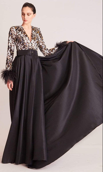 Sophisticated A-line V-neck Belted Pleated Sequined Back Zipper Long Sleeves Floor Length Natural Waistline Evening Dress with a Brush/Sweep Train