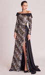 A-line Natural Waistline Floor Length Long Sleeves Off the Shoulder Colorblocking Slit Sequined Evening Dress with a Brush/Sweep Train