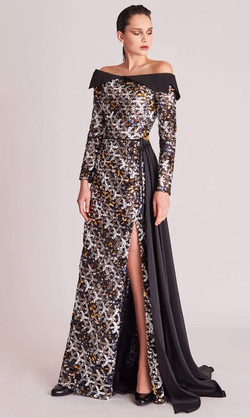 A-line Natural Waistline Floor Length Long Sleeves Off the Shoulder Colorblocking Slit Sequined Evening Dress with a Brush/Sweep Train