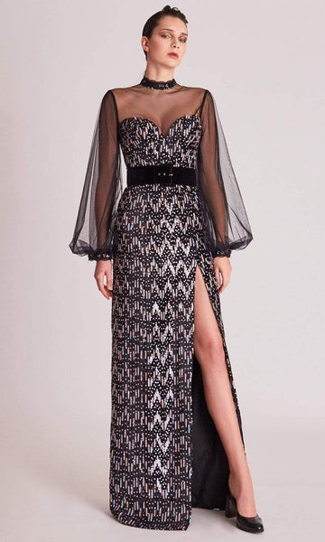 Natural Waistline Sheath Bishop Bell Sleeves Floor Length Illusion Back Zipper Slit Beaded Fitted Sheer Belted Sequined Choker High-Neck Sweetheart Sheath Dress