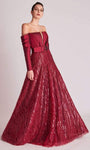Sexy A-line Fit-and-Flare Long Sleeves Off the Shoulder Natural Waistline Belted Beaded Back Zipper Fitted Floor Length Plunging Neck Evening Dress with a Brush/Sweep Train