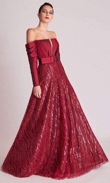 Sexy A-line Beaded Fitted Back Zipper Belted Floor Length Natural Waistline Long Sleeves Off the Shoulder Fit-and-Flare Plunging Neck Evening Dress with a Brush/Sweep Train