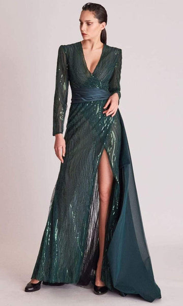 A-line V-neck Long Sleeves Fitted Wrap Illusion Slit Back Zipper Sheer Natural Waistline Floor Length Evening Dress with a Brush/Sweep Train