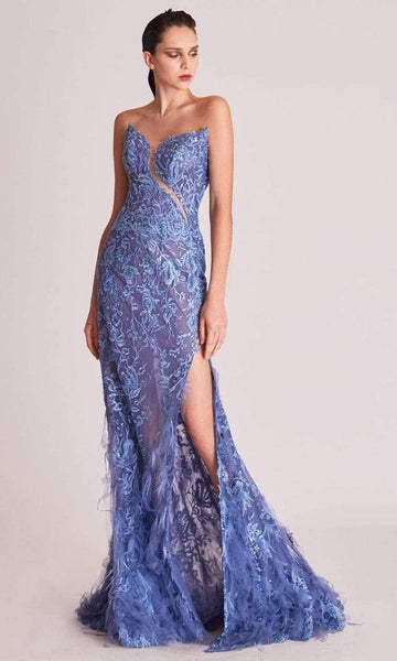 Sexy Strapless Back Zipper Fitted Embroidered Sheer Slit Illusion Sheath Sweetheart Natural Waistline Sheath Dress with a Brush/Sweep Train With Ruffles