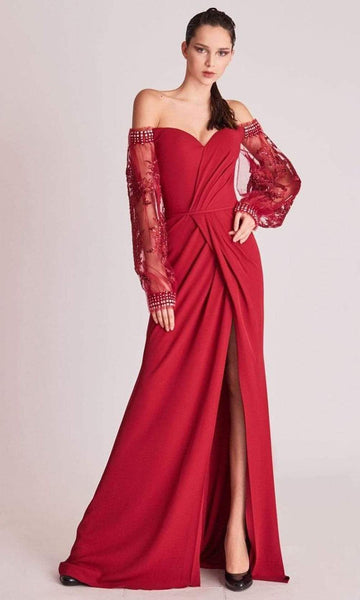 A-line Natural Waistline Sweetheart Slit Sheer Fitted Back Zipper Crepe Fit-and-Flare Long Sleeves Off the Shoulder Dress with a Brush/Sweep Train