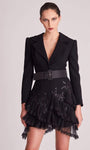 A-line V-neck Long Sleeves Lace Trim Short Natural Waistline Applique Beaded Belted Tiered Dress