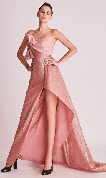 Tall A-line Strapless High-Low-Hem Empire Waistline Metallic Back Zipper Slit Open-Back Pleated Straight Neck Dress with a Brush/Sweep Train With a Bow(s) and a Ribbon