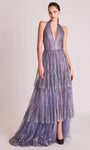 Tall A-line Halter Plunging Neck Natural Waistline Slit Tiered Back Zipper Open-Back Metallic Sleeveless Dress with a Brush/Sweep Train