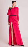 A-line Floor Length Natural Waistline Long Sleeves Back Zipper Slit Asymmetric Dress with a Brush/Sweep Train With Ruffles