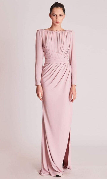Modest A-line Bateau Neck Fitted Applique Slit Beaded Ruched Back Zipper Natural Waistline Long Sleeves Party Dress with a Brush/Sweep Train