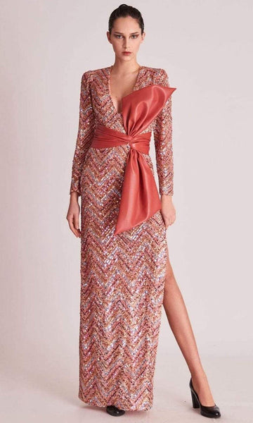 A-line V-neck Long Sleeves Natural Waistline Leather Back Zipper Sequined Slit Floor Length Plunging Neck Dress With a Bow(s)