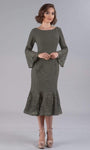 Mermaid Bell Long Sleeves Jeweled Neck Natural Waistline Crepe Tea Length Midi Dress