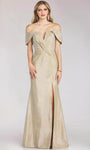 Slit Pleated Draped Mermaid Off the Shoulder Plunging Neck Natural Waistline Evening Dress with a Brush/Sweep Train