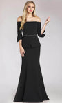 Beaded Peplum Open-Back Back Zipper Belted Off the Shoulder Floor Length Natural Waistline Straight Neck Mermaid Evening Dress with a Brush/Sweep Train