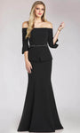 Off the Shoulder Natural Waistline Straight Neck Peplum Belted Open-Back Beaded Back Zipper Mermaid Floor Length Evening Dress with a Brush/Sweep Train