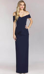 Open-Back Button Closure Slit Peplum Draped Fitted Off the Shoulder Sweetheart Sheath Floor Length Natural Waistline Sheath Dress