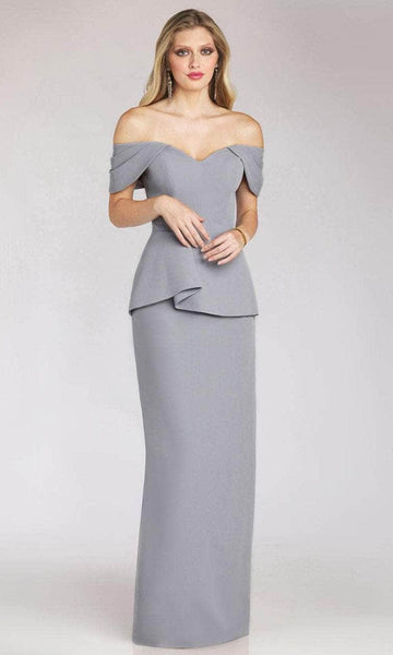 Sheath Floor Length Off the Shoulder Sweetheart Peplum Button Closure Open-Back Slit Draped Fitted Natural Waistline Sheath Dress