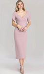 V-neck Sheath Natural Waistline Beaded Pleated Slit Open-Back Cocktail Tea Length Sheath Dress