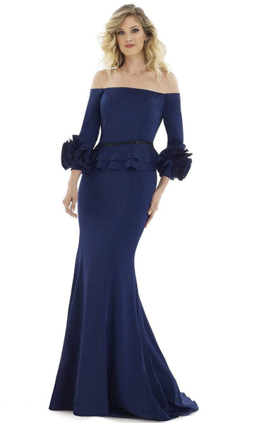 Natural Princess Seams Waistline Mermaid Floor Length 3/4 Sleeves Off the Shoulder Belted Back Zipper Beaded Peplum Open-Back Fitted Evening Dress with a Brush/Sweep Train With Ruffles
